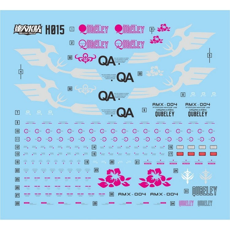 MASTER Water Slide Decal H015 HGUC HG 1/144 Qubeley Fluo Type Collectibles