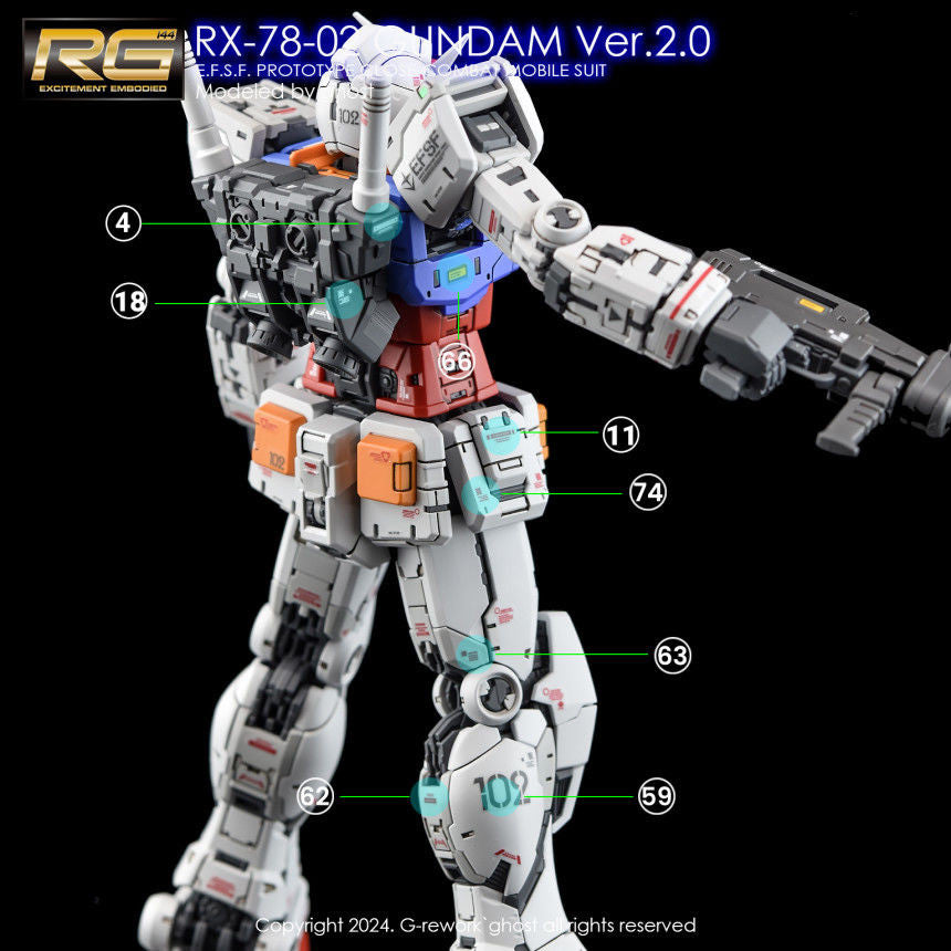 YAN GHOST Water slide decal FOR RG 1/144 RX-78-2 VER 2.0 FLUO